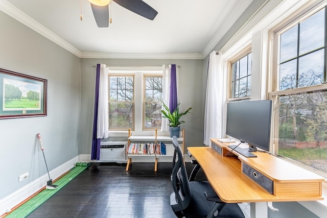 home office featuring crown molding, plenty of natural light, a ceiling fan, and dark wood-style flooring
