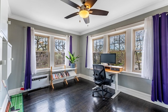 office with ornamental molding, wood finished floors, baseboards, cooling unit, and a ceiling fan