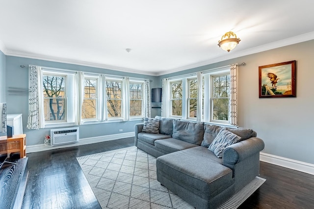 living room with crown molding, baseboards, a wall mounted AC, and wood finished floors