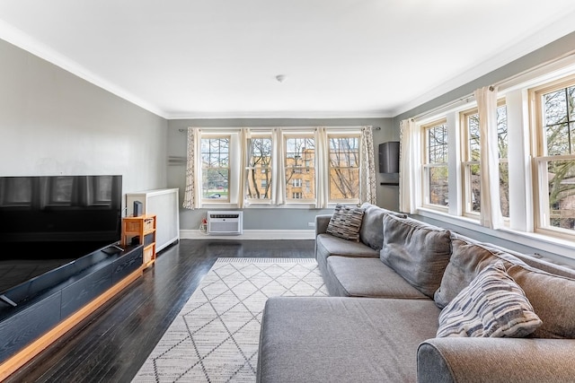 living area with crown molding, baseboards, a wall unit AC, and wood finished floors