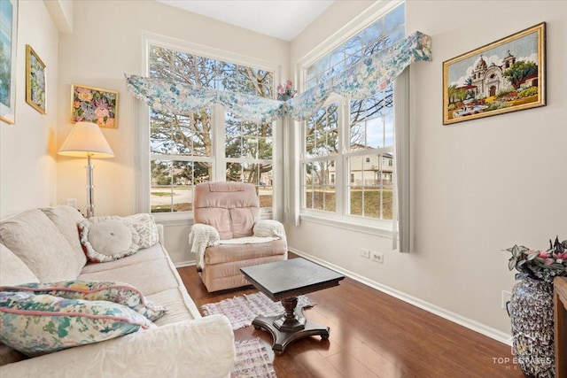 living area with baseboards and wood finished floors