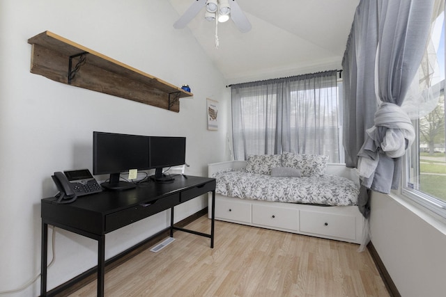 14958 Kildare Ave, Midlothian, IL 60445 - bedroom featuring vaulted ceiling, light wood finished floors, a ceiling fan, baseboards, and an office area