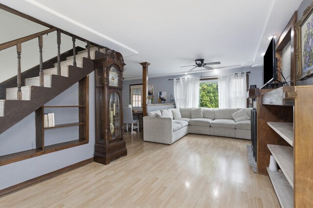 14958 Kildare Ave, Midlothian, IL 60445 - living room featuring stairway, wood finished floors, and ceiling fan