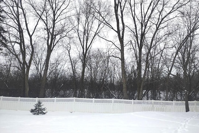 yard layered in snow with a fenced backyard