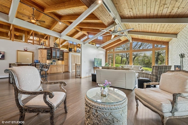 184A River Rd, Lake Barrington, IL 60010 - living area with ceiling fan, wood ceiling, hardwood / wood-style floors, and baseboards