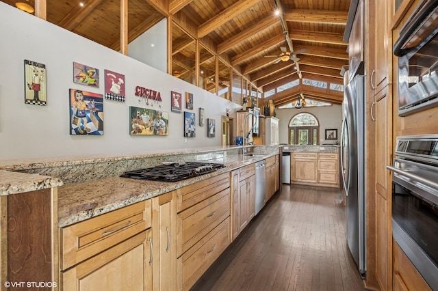184A River Rd, Lake Barrington, IL 60010 - kitchen with stainless steel appliances, wood ceiling, dark wood-style floors, a sink, and light stone counters