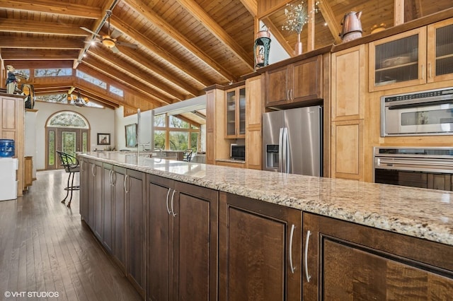 184A River Rd, Lake Barrington, IL 60010 - kitchen featuring stainless steel refrigerator with ice dispenser, dark wood-style floors, light stone countertops, wood ceiling, and a ceiling fan