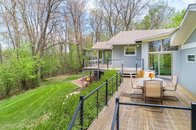 184A River Rd, Lake Barrington, IL 60010 - back of house featuring outdoor dining area, a deck, a yard, and a shingled roof
