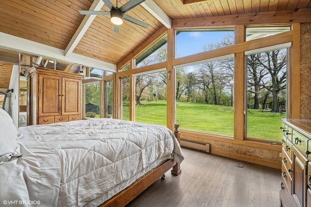184A River Rd, Lake Barrington, IL 60010 - bedroom with baseboard heating, multiple windows, wooden ceiling, and hardwood / wood-style flooring