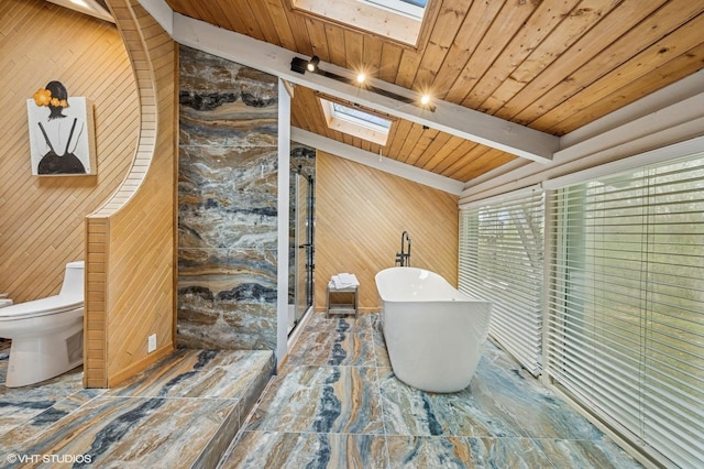 184A River Rd, Lake Barrington, IL 60010 - full bath with a skylight, wooden ceiling, wood walls, a freestanding bath, and toilet