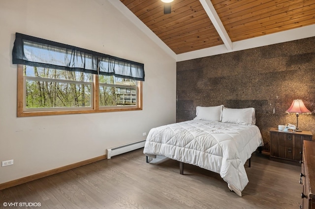 184A River Rd, Lake Barrington, IL 60010 - bedroom featuring a baseboard radiator, wooden ceiling, baseboards, wood finished floors, and beamed ceiling