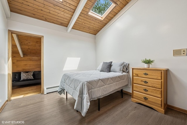 184A River Rd, Lake Barrington, IL 60010 - bedroom with baseboard heating, a skylight, wood finished floors, wooden ceiling, and baseboards