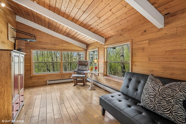 184A River Rd, Lake Barrington, IL 60010 - living area featuring wooden walls, a baseboard radiator, wooden ceiling, and light wood-type flooring