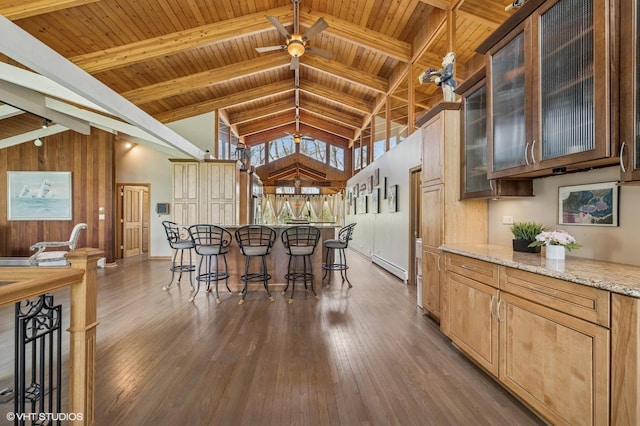 184A River Rd, Lake Barrington, IL 60010 - dining room featuring wood ceiling, dark wood-style flooring, wooden walls, a baseboard heating unit, and baseboards
