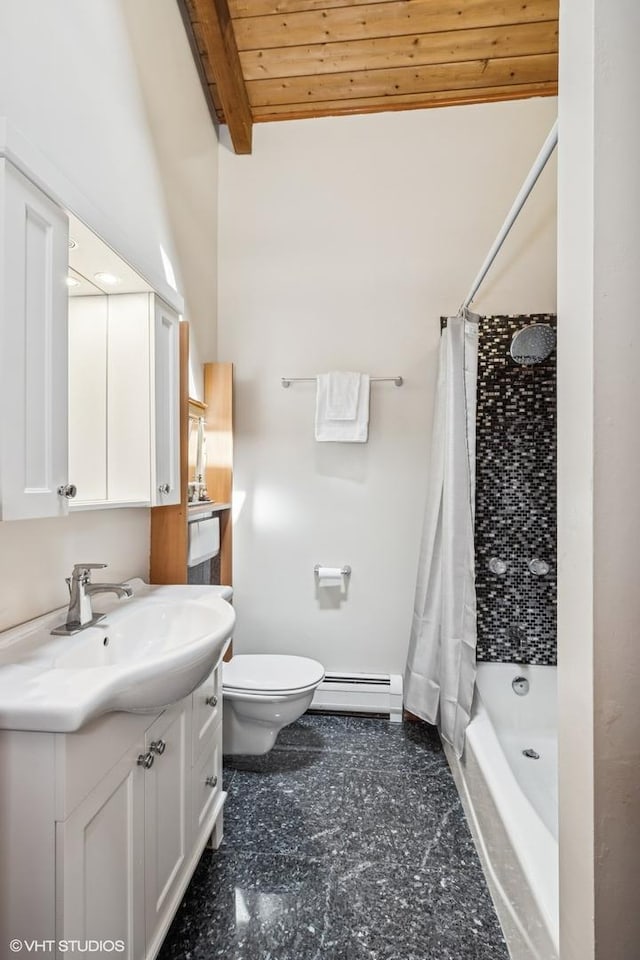 184A River Rd, Lake Barrington, IL 60010 - full bath featuring wood ceiling, a baseboard radiator, vanity, toilet, and a shower with curtain