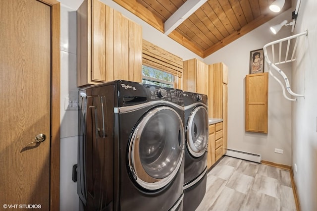 184A River Rd, Lake Barrington, IL 60010 - clothes washing area with wood ceiling, a baseboard heating unit, cabinet space, washer and dryer, and light wood-type flooring