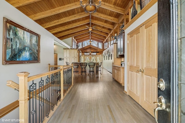 184A River Rd, Lake Barrington, IL 60010 - hallway featuring wood ceiling, wood finished floors, and an upstairs landing
