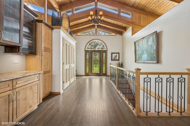 184A River Rd, Lake Barrington, IL 60010 - entryway featuring a chandelier, wood ceiling, beam ceiling, dark wood-style floors, and high vaulted ceiling