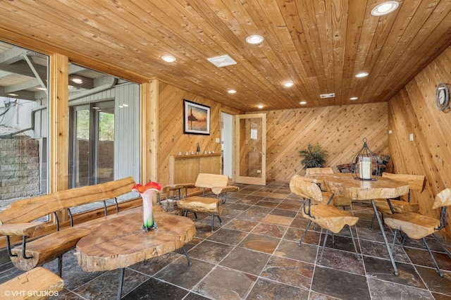 184A River Rd, Lake Barrington, IL 60010 - interior space with stone tile flooring, recessed lighting, wooden walls, and wooden ceiling
