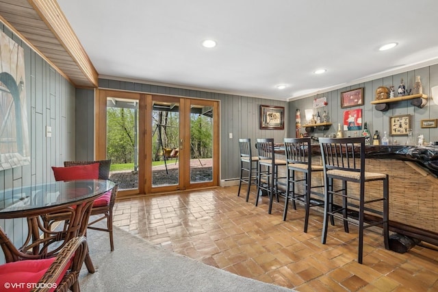 184A River Rd, Lake Barrington, IL 60010 - indoor bar featuring crown molding, wood walls, recessed lighting, and brick flooring