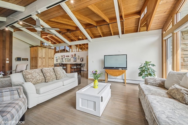 184A River Rd, Lake Barrington, IL 60010 - living area with wood ceiling, baseboard heating, ceiling fan, wood-type flooring, and track lighting