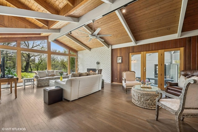 184A River Rd, Lake Barrington, IL 60010 - living area with wood ceiling, a fireplace, ceiling fan, hardwood / wood-style floors, and wood walls