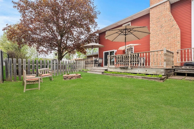 view of yard featuring fence and a wooden deck