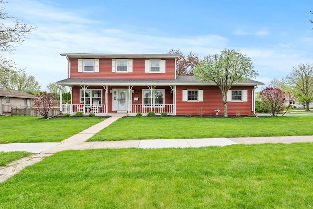 traditional-style home featuring a porch, fence, and a front yard