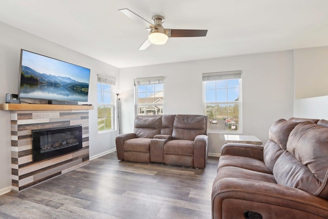 1046 Piccolo Ln, Volo, IL 60073 - living room featuring wood finished floors, a ceiling fan, a glass covered fireplace, and baseboards