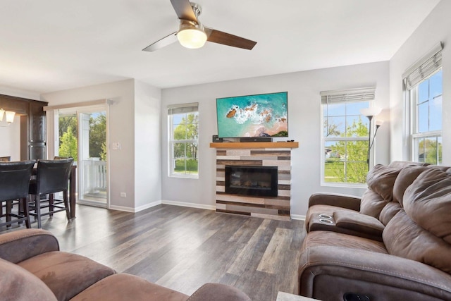 1046 Piccolo Ln, Volo, IL 60073 - living room featuring wood finished floors, a ceiling fan, baseboards, and a fireplace