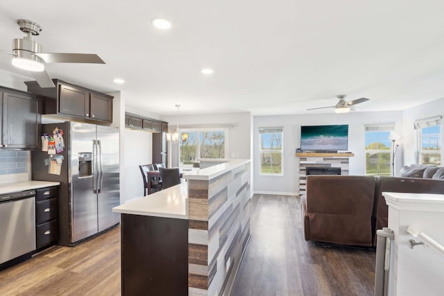1046 Piccolo Ln, Volo, IL 60073 - kitchen with a ceiling fan, appliances with stainless steel finishes, light countertops, dark wood-type flooring, and recessed lighting