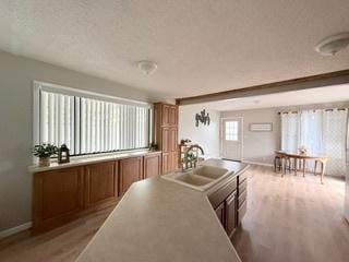 kitchen featuring light wood-style floors, baseboards, a textured ceiling, brown cabinets, and a sink