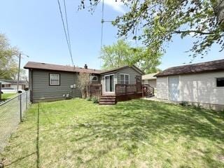 rear view of property with a lawn, a deck, and a fenced backyard
