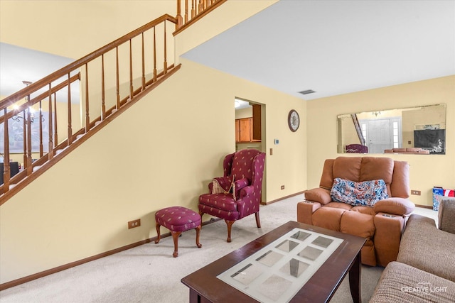 1081 Hunt Wyck Ct Unit 1081, Elgin, IL 60120 - living room featuring carpet flooring, baseboards, visible vents, and stairway