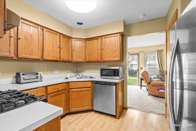 1081 Hunt Wyck Ct Unit 1081, Elgin, IL 60120 - kitchen with a toaster, light wood-type flooring, light countertops, a sink, and stainless steel appliances