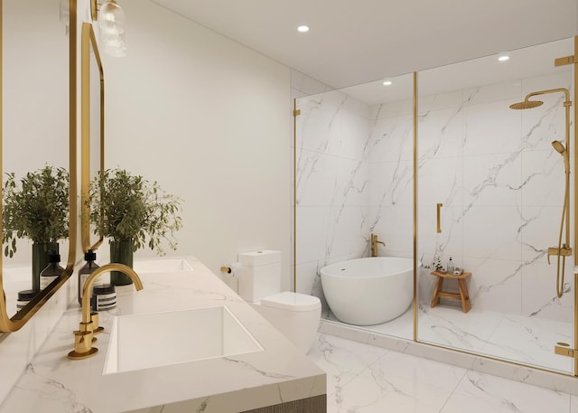 5365 N Bowmanville Ave, Chicago, IL 60625 - full bath with recessed lighting, a marble finish shower, a freestanding tub, marble tiled flooring, and double vanity