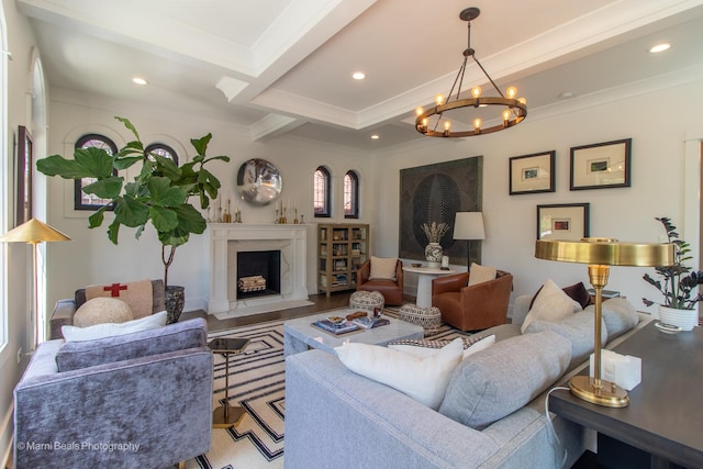 6907 S Constance Ave, Chicago, IL 60649 - living room featuring a chandelier, recessed lighting, a high end fireplace, beamed ceiling, and ornamental molding