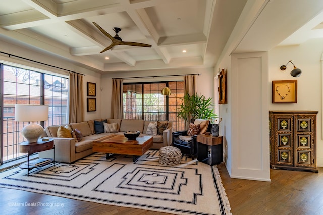 6907 S Constance Ave, Chicago, IL 60649 - living area with ceiling fan, baseboards, wood finished floors, beamed ceiling, and coffered ceiling
