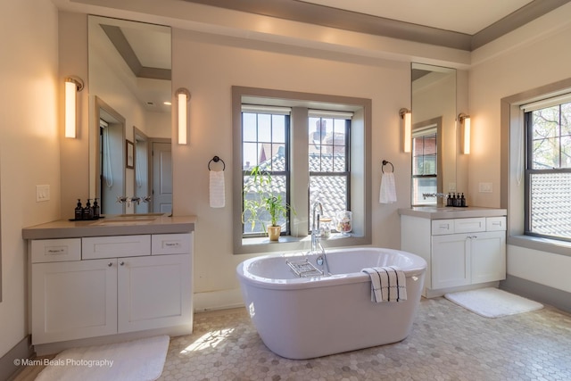 6907 S Constance Ave, Chicago, IL 60649 - full bathroom with baseboards, a sink, a freestanding bath, and two vanities