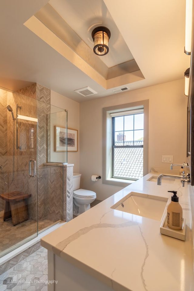 6907 S Constance Ave, Chicago, IL 60649 - bathroom with visible vents, a stall shower, vanity, a raised ceiling, and toilet