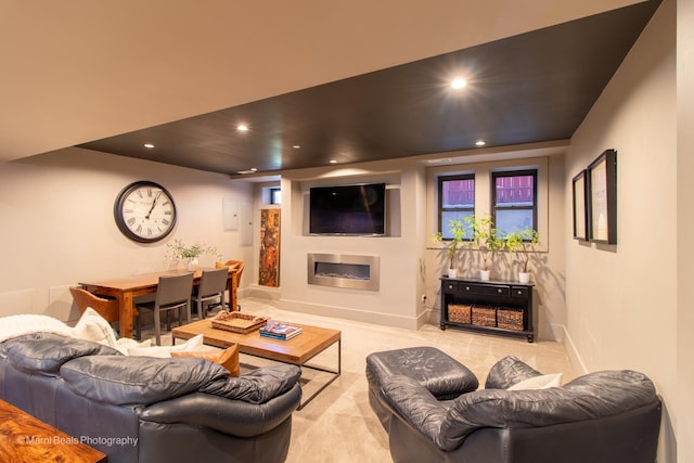 6907 S Constance Ave, Chicago, IL 60649 - carpeted living area with recessed lighting, baseboards, and a glass covered fireplace