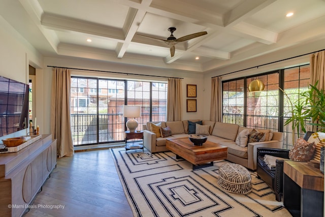6907 S Constance Ave, Chicago, IL 60649 - living area featuring a ceiling fan, coffered ceiling, beam ceiling, and light wood-style flooring