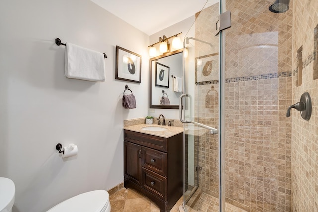 full bathroom with vanity, toilet, and a stall shower