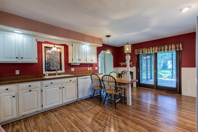 11 N Beech St, Princeton, IL 61356 - kitchen featuring a sink, white dishwasher, light wood-style flooring, wainscoting, and dark countertops