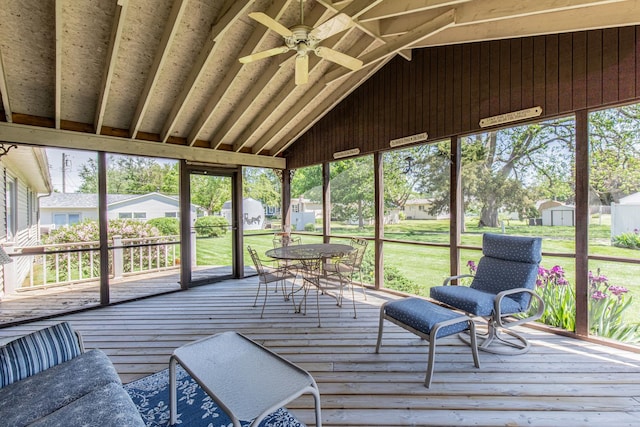 11 N Beech St, Princeton, IL 61356 - sunroom featuring a ceiling fan, vaulted ceiling, and outdoor dining area