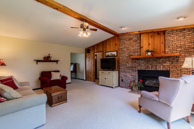 11 N Beech St, Princeton, IL 61356 - living room with light carpet, a brick fireplace, a ceiling fan, and wooden walls