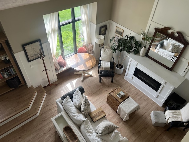 living area featuring wood finished floors and a fireplace