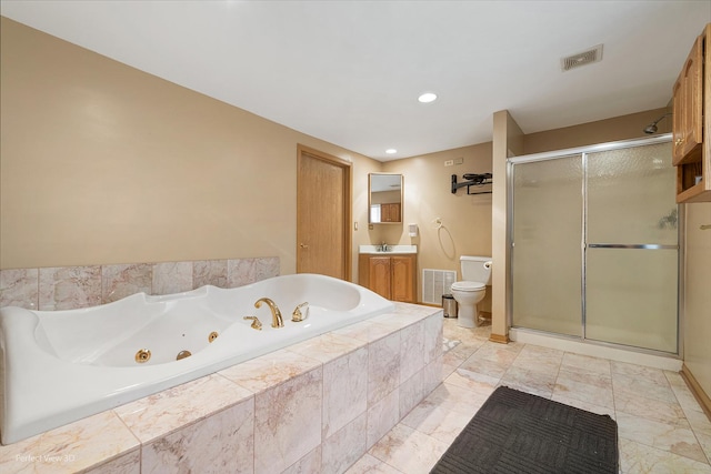 full bath featuring vanity, a stall shower, a tub with jets, and visible vents