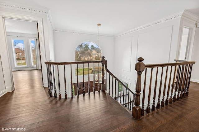 staircase featuring baseboards, crown molding, wood finished floors, and a healthy amount of sunlight