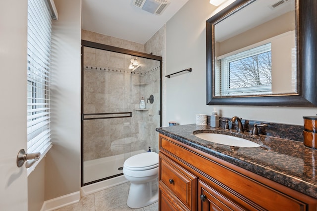 bathroom with visible vents, tile patterned flooring, a stall shower, and toilet
